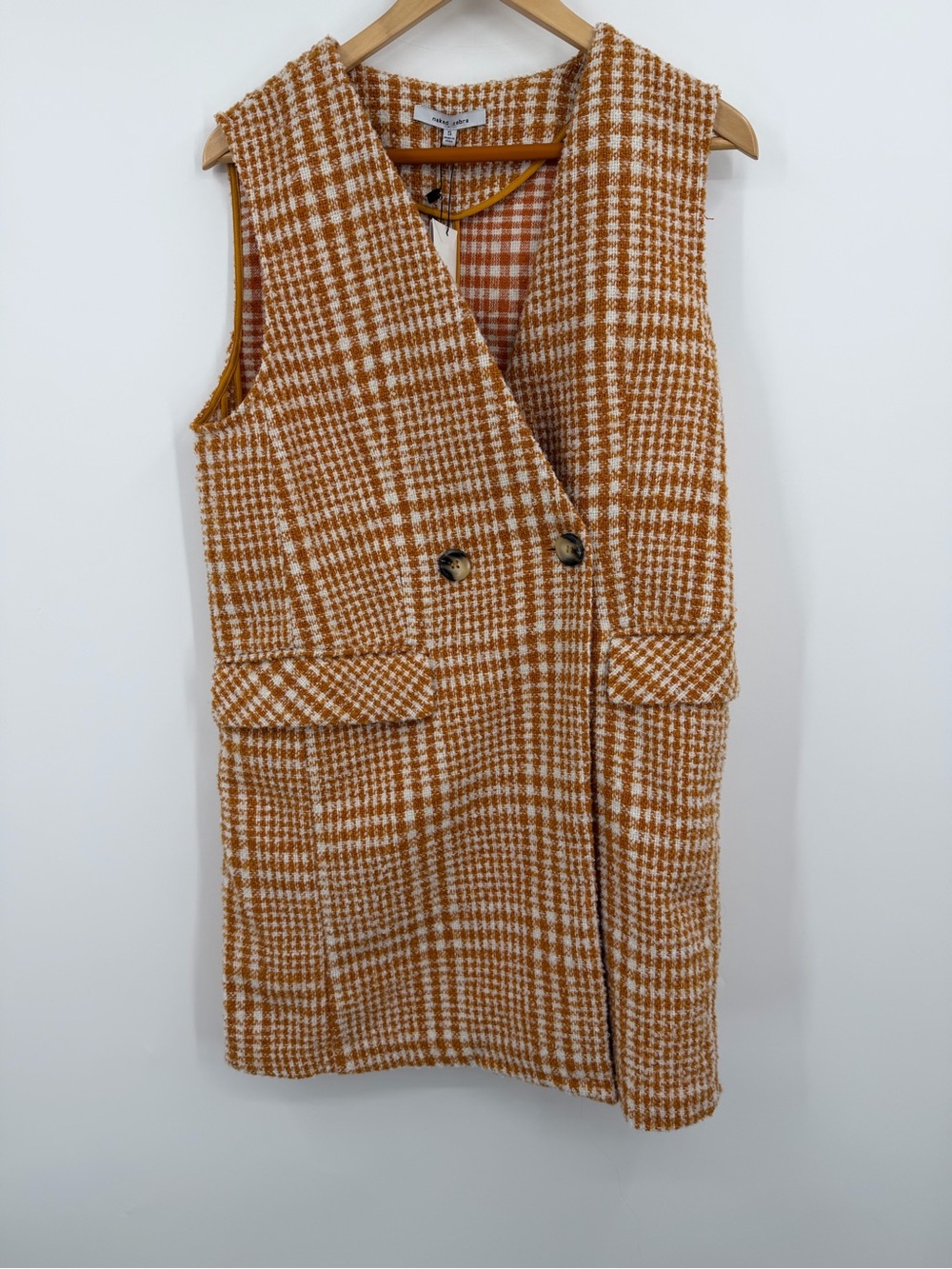NWT Naked Zebra Mustard Houndstooth Tweed Longline Vest Dress Double Breasted